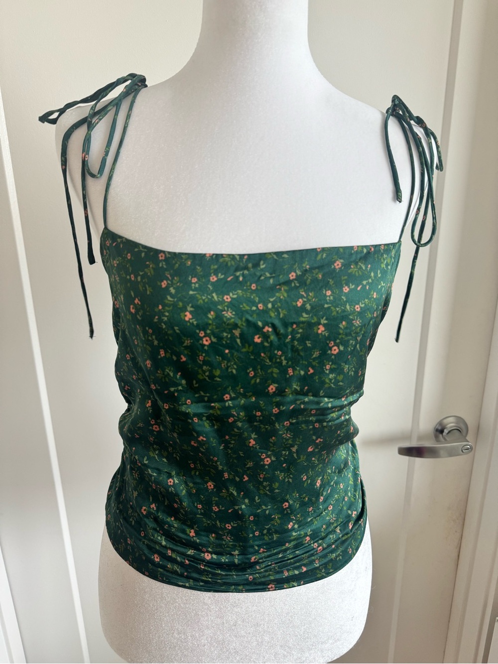 Reformation Green Floral Tie-Shoulder Cami Top